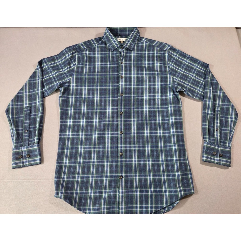 Peter Millar Shirt Mens Medium Blue Green Plaid Soft Stretch Long Sleeve Polo